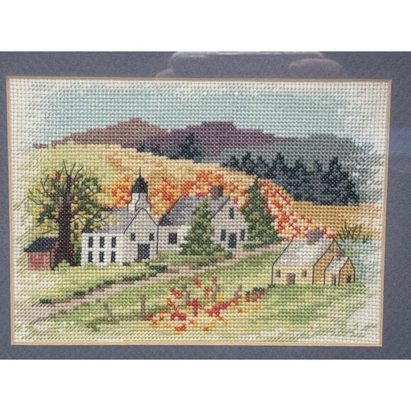 Framed Needlepoint Rural Village Scene Autumn Colors 12" x 10" - Picture 2 of 9